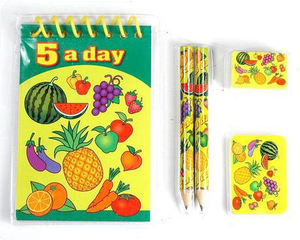 5 a day stationery set including 2 pencils, eraser, sharpener and notebook.